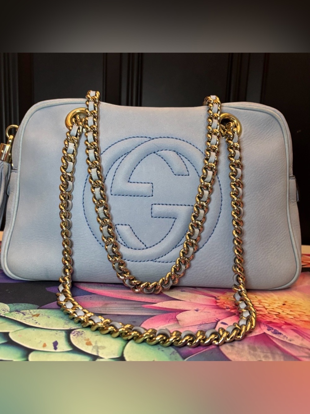 Gucci Light Blue SoHo Shoulder Bag with Gold Chain